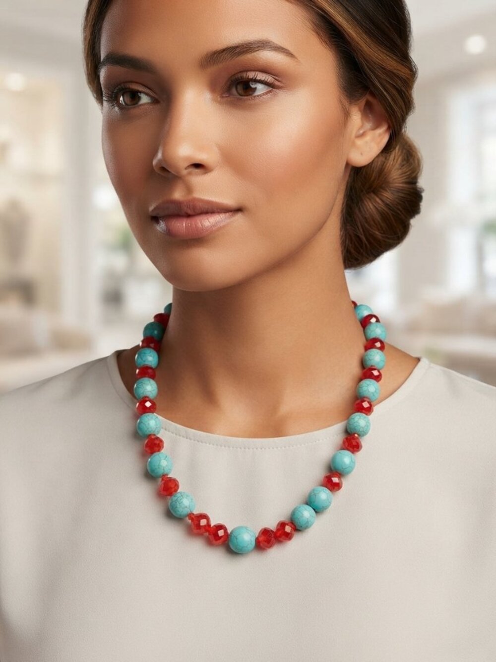 Turquoise & Red Beaded Statement Necklace Boho Vibrant Color Pop Jewelry
